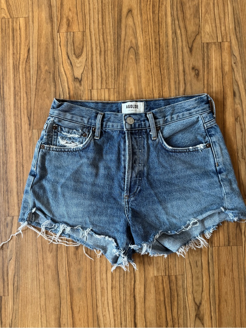 Agolde Medium Blue Distressed Denim Cutoff Shorts - Parker